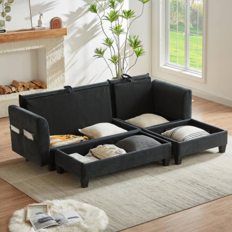 Luxurious L-Shaped Sectional Sofa with Hidden Storage, Movable Ottoman & Throw Pillows