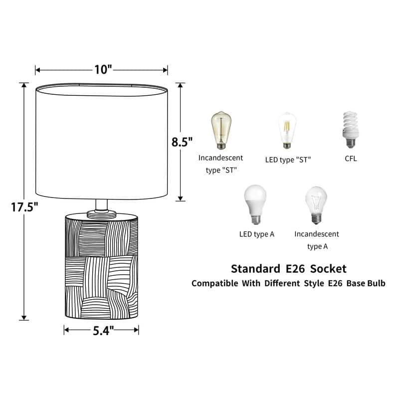 KAWOTI 17.5" Grey Bedside Table Lamp with Narrow Oval Lampshade - W10" * E6" * H17.5"