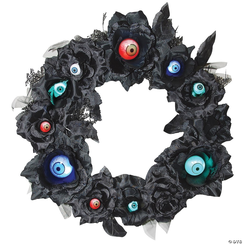 Pre-Lit Battery Operated Gothic Eyeball Artificial Halloween Wreath - 15" - Blue and Red Lights