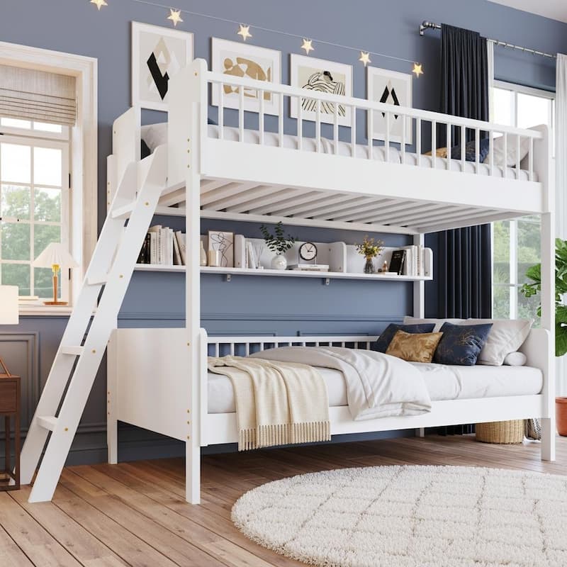 Convertible Twin Bunk Bed with Adjustable Ladder & Built-In Wall Shelf Storage by Harper&Bright Designs - White