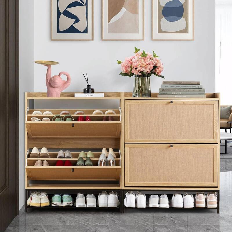 Set of 2 Wooden Narrow Shoe Racks with Flip Drawers