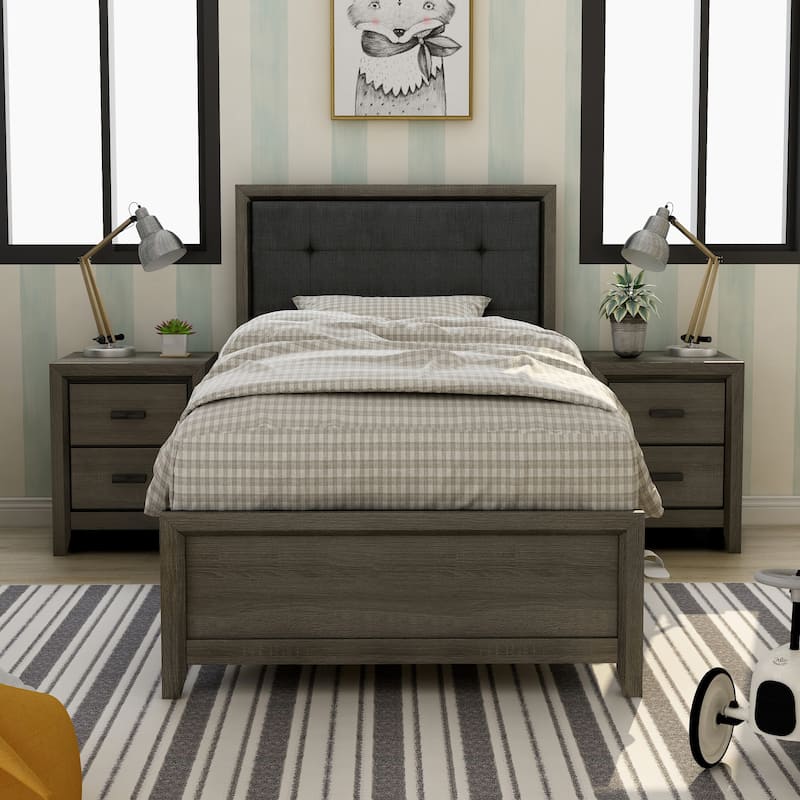 Aury Transitional Grey Wood 3-piece Panel Bedroom Set with 2 Nightstands by Furniture of America - Twin