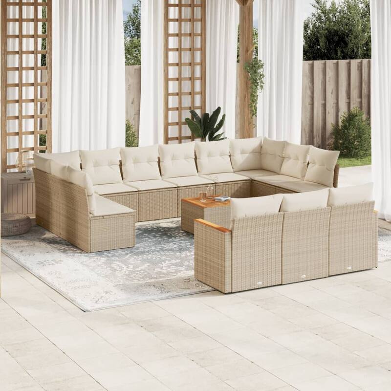 vidaXL Patio Sofa Set with Cushions Outdoor Conversation Furniture Poly Rattan - 24.4 x 24.4 x 27.2 in - Beige with table