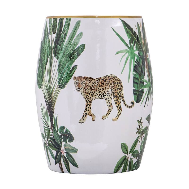 18 Inch Ceramic Accent Table, Drum Shape, Tropical Print, White, Green