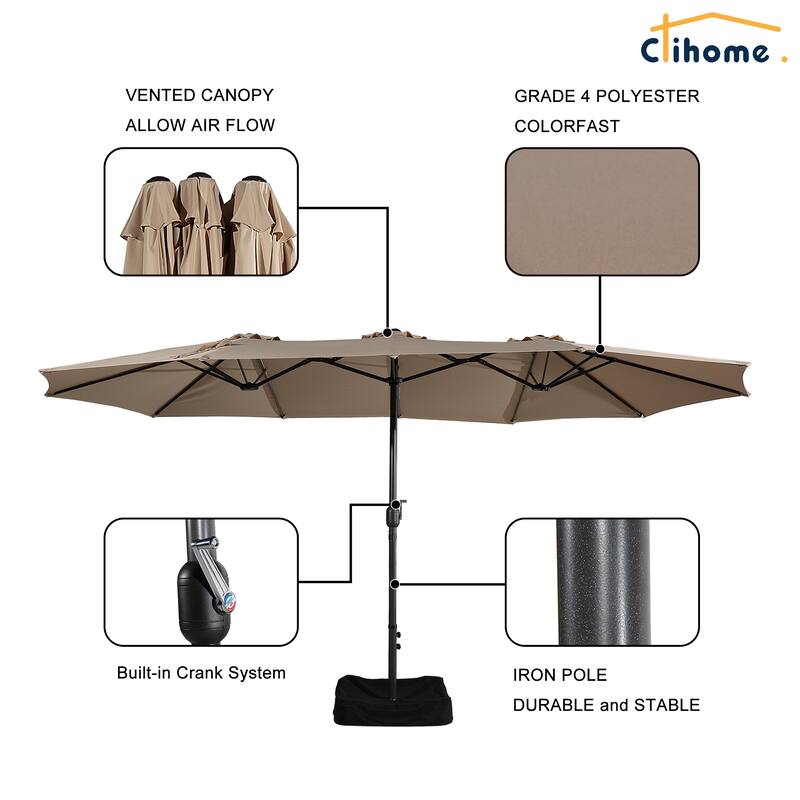 Clihome 15 Ft Outdoor Rectangular Crank Market Umbrella with Base