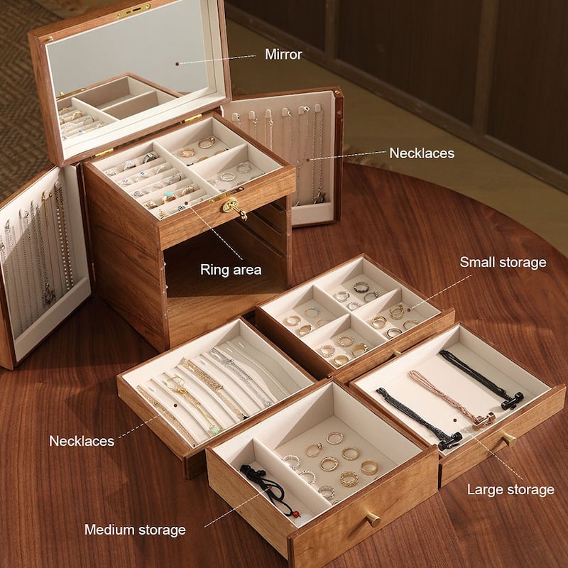 Walnut Color Pull-out with Locking and Mirror 5-Layer Jewelry Box - 11.82