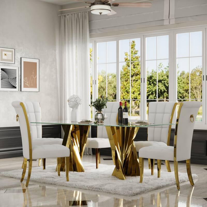 Luxury White Velvet Dining Chairs with Pull Ring on Back and Polished Gold Legs