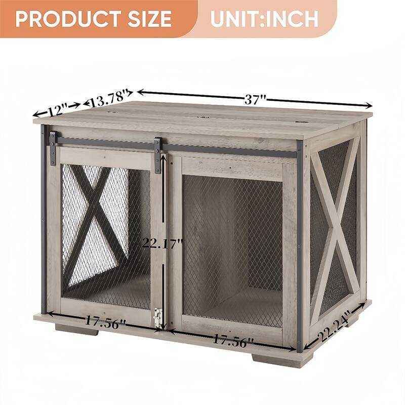 Farmhouse Dog Cage Crate Furniture with Sliding Barn Door, Wood Dog Kennel End Table, Flip-top Plate, Detachable Divide