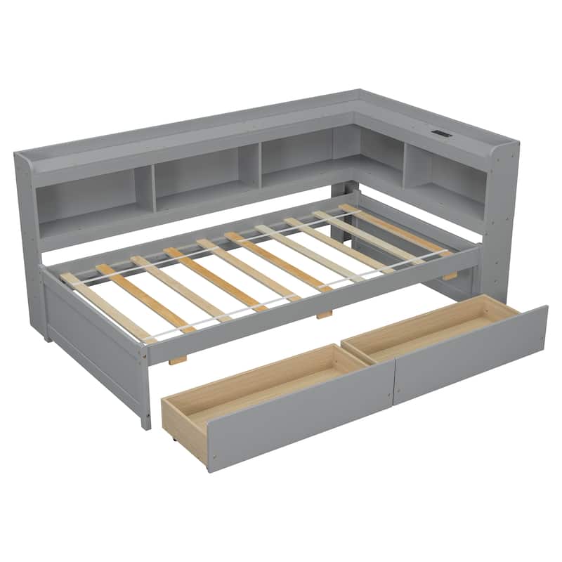 Full Size Bed with L-Shaped Bookcase, USB Charging Ports, 2 Storage Drawers, Power Outlets, and Espresso Finish