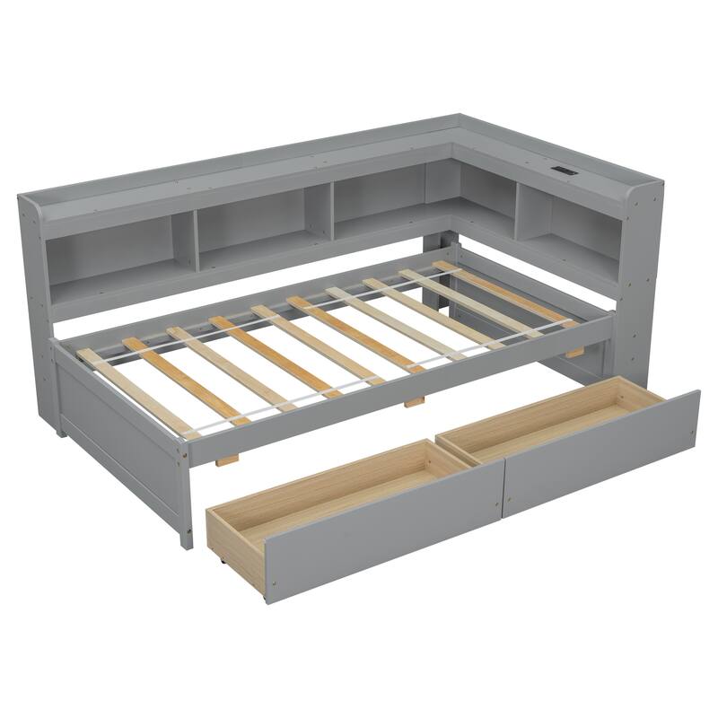 Twin Platform Bed with L-Shaped Bookcase, Charging Station & 2 Storage Drawers