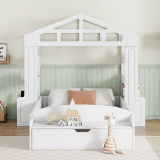 Twin Size House Bed with Bench, Socket and Shelves