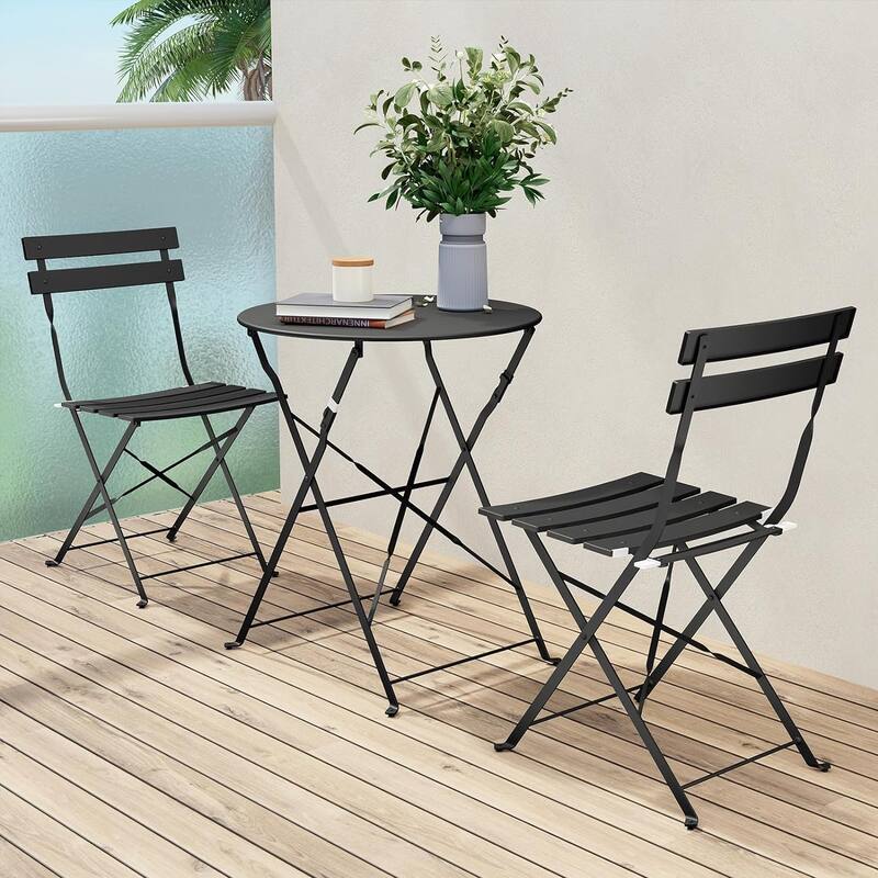 3 Piece Foldable Patio Set, Bistro Set, Outdoor Table and Chairs - Black3P