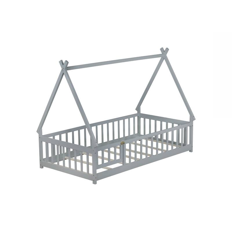 Twin Tent-shaped Floor Bed,Teepee Bed with Guardrails,Slats and Door