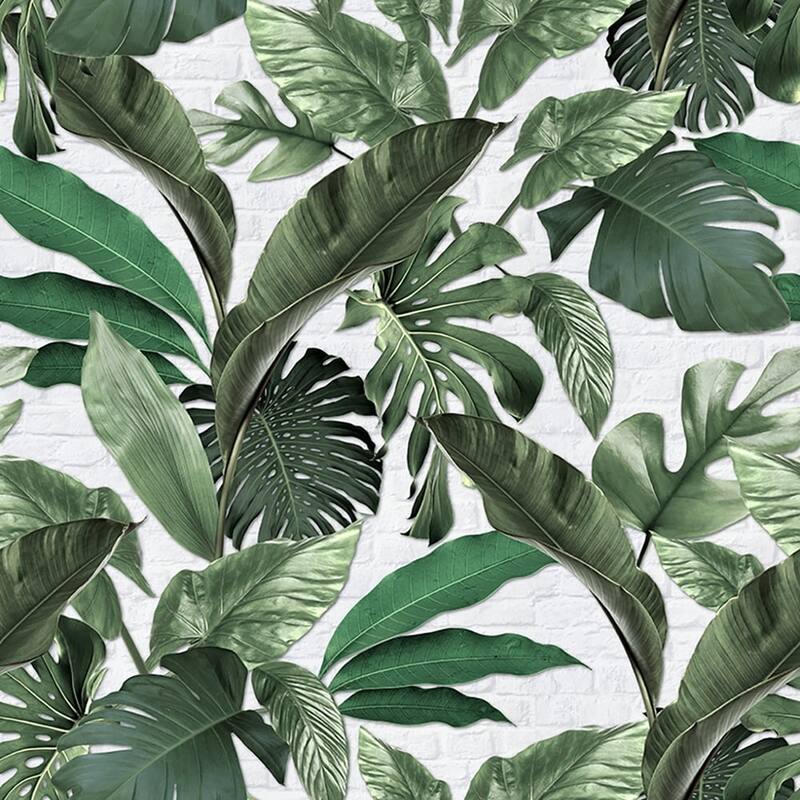 Galerie Wallcoverings The Loft Collection Tropical Leaf Brick 3-Panel Wall Mural - 8.8-feet high x 62.5-inches wide - White