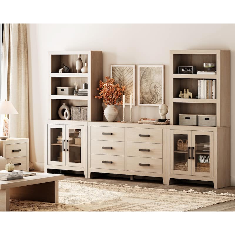 WAMPAT Farmhouse Entertainment Center with Bookshelves, Media Console with Glass Doors & 6 Storage Drawers