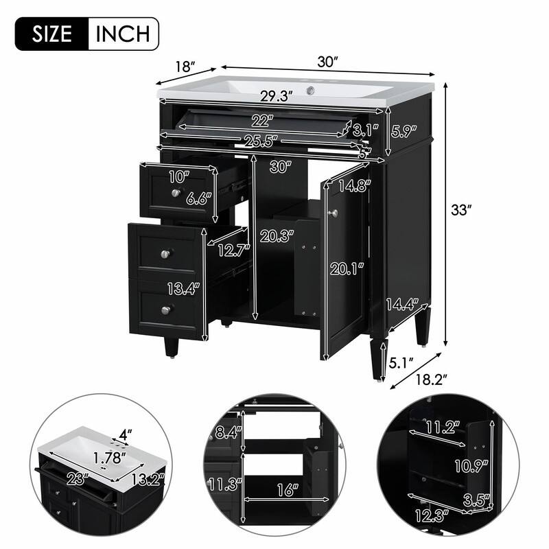 30'' Modern Bathroom Vanity with Top Sink, 2 Drawers and Tip-out Drawer