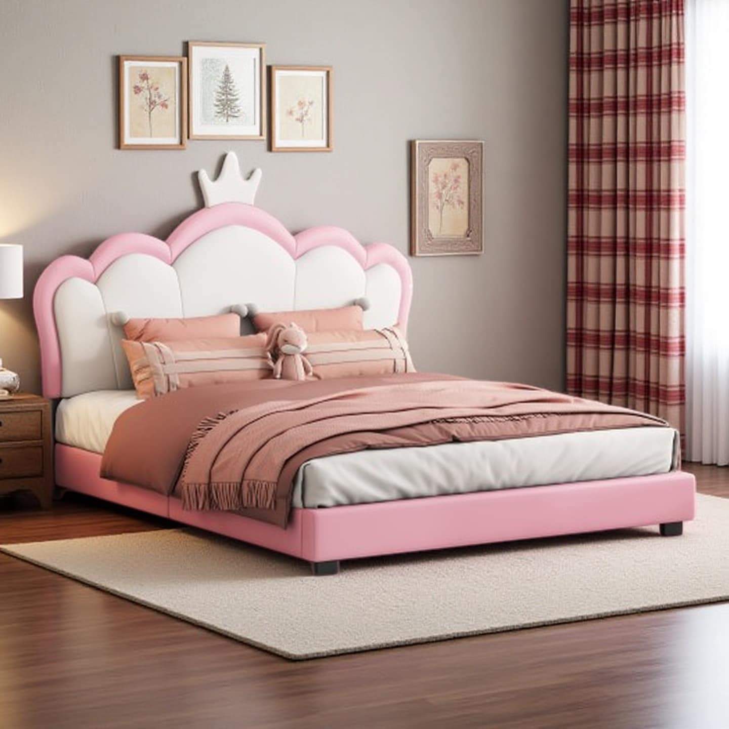 Twin Upholstered Platform Bed with Crown-Shaped Headboard, Pink & White Princess Design, Sturdy PU Leather Frame