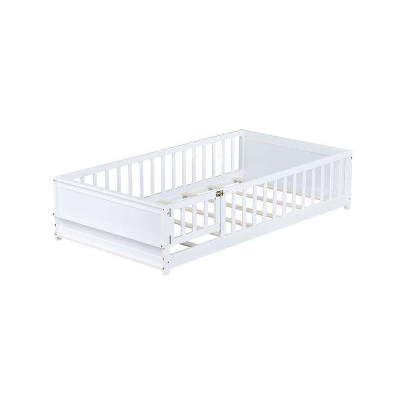 Roomfitters Twin Floor Bed with Built-in Book Rack and Swing Door, Rubber Wood Frame with Guardrails