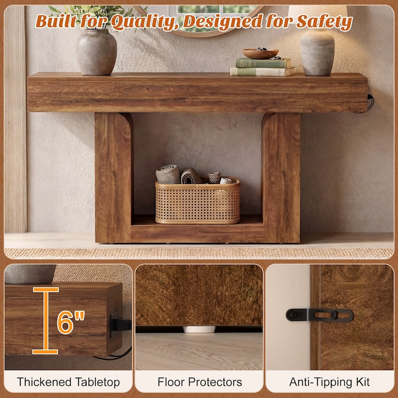 63'' W Farmhouse Console Table with Chaging Station, Thick Sofa/ Entryway Table with Storage Shlef