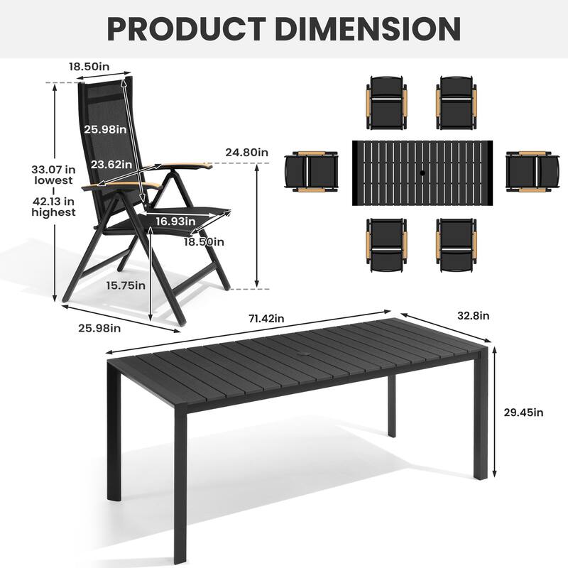 7/9/11-Piece Outdoor Patio Dining Set Aluminum Rectangular Dining Table and Adjustable Folding Chairs