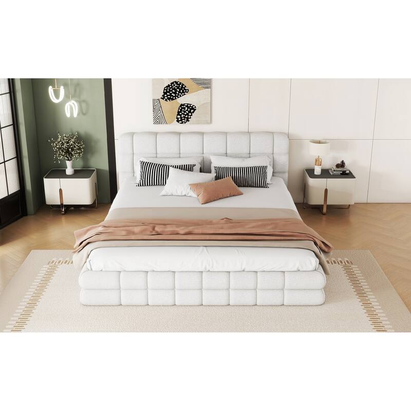 Queen Size Upholstered Platform Bed with Headboard, White