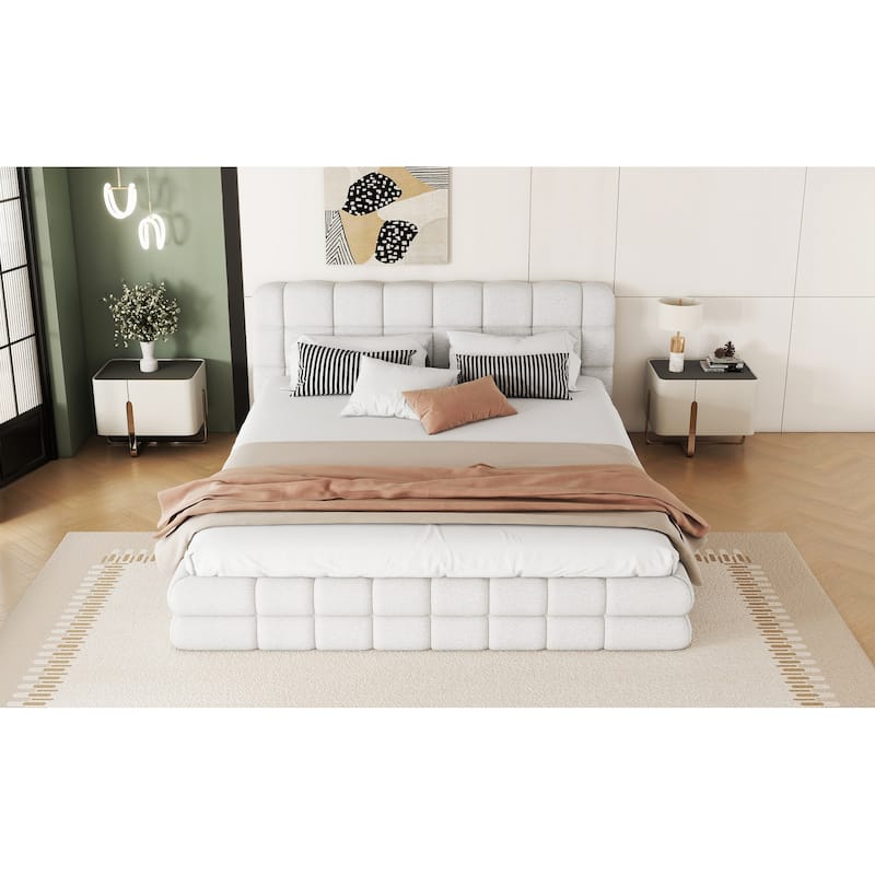 Upholstered Low Profile Bed Frame, Queen Size Platform Bed with Futon Design Headboard and Wooden Slat Support