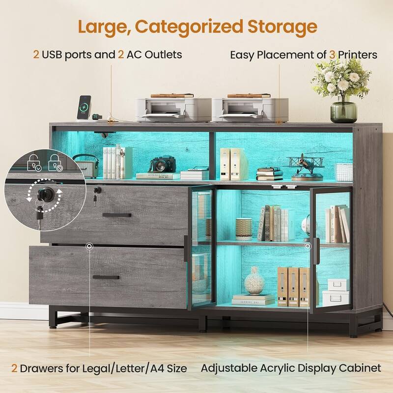 59" LED File Cabinet 2 Drawers Filing Cabinets Legal/Letter/A4 File