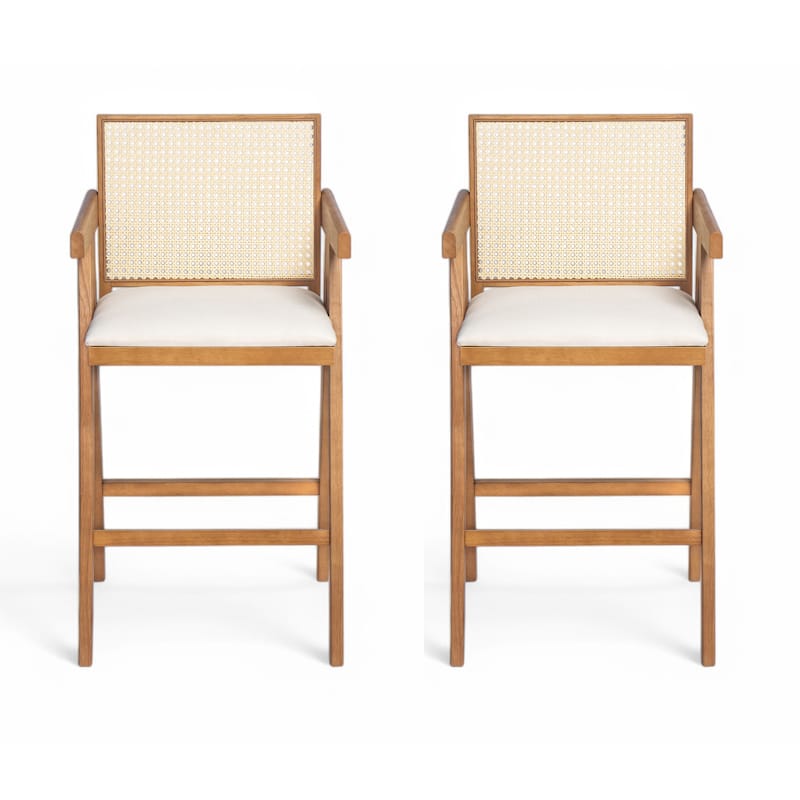 27" Bar Stool with Cream Woven Cane Back & Padded Fabric Seat, Durable Rubberwood Frame