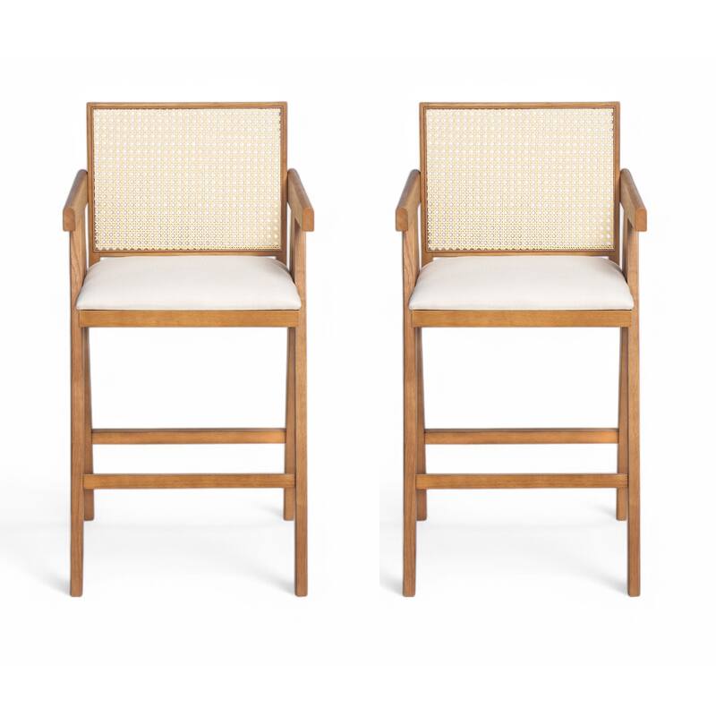 Bar Height Armchairs Rattan Woven Backrest Bar Stools Set of 2 with Padded Fabric Seat and Durable Rubberwood Frame