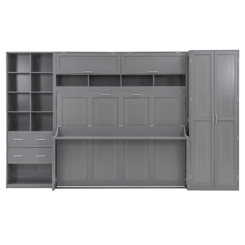 Large Wall Cabinet Storage Murphy Bed Convertible Study Table with Side Bookcase, Closet, Flip Top Storage Cabinet and Drawers