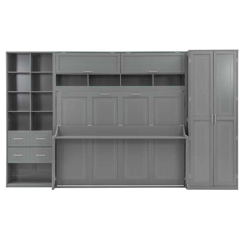 Queen Size Murphy Bed with Side Wardrobe & Flip Design, Foldable Wooden Wall Bed with Storage Drawers & Shelf for Home Office