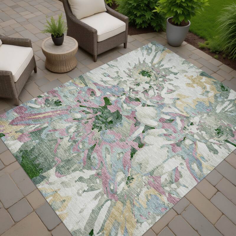 Machine Washable Indoor/ Outdoor Abstract Floral Chantille Rug - Sage - 5' x 7'6"
