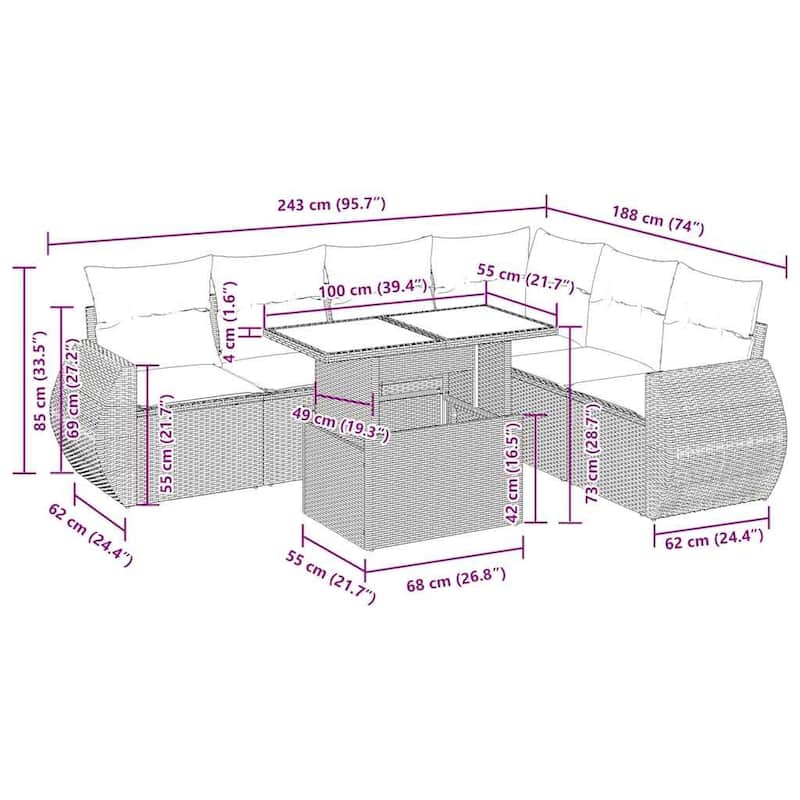 vidaXL Patio Sofa Set with Cushions Outdoor Furniture 7 Piece Poly Rattan - 21.7 x 39.4 x 28.7