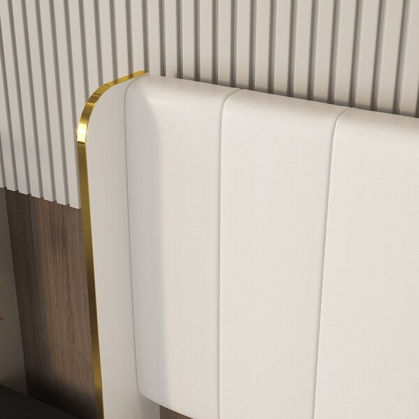 White Bed Frame: PU - Upholstered Headboard with Exquisite Gold