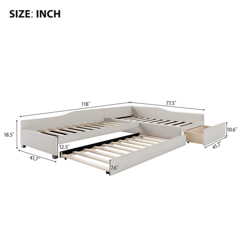 L Shaped Twin Daybed with Trundle, Upholstered Daybed with Storage Drawer, Double Twin Size Floor Platform Bed for Bedroom