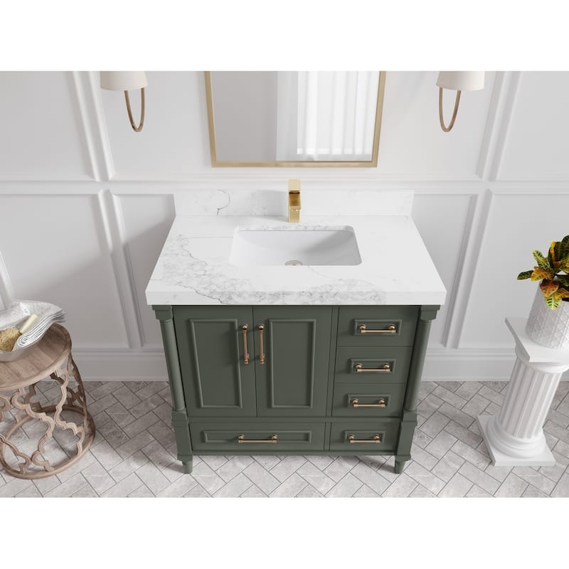 Willow Collections 36 in. W x 22 in. D Aberdeen Center Sink Left Bathroom Vanity with Countertop - 2" Calacatta Nuvo - Pewter Green