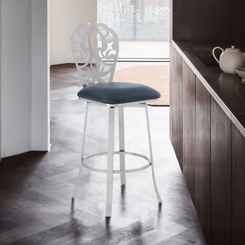 Cherie Modern Upholstered Metal Bar or Counter Height Swivel Bar Stool with Back