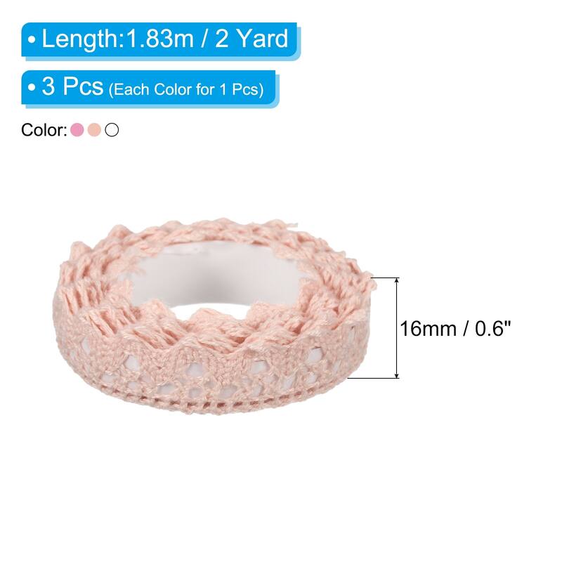 3pcs 0.6" Wide 2 Yard Self-Adhesive Lace Tape Lace Ribbon for Craft - Pale Pink/White/Light Pink