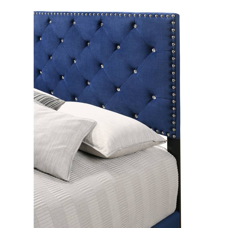 Velvet Tufted Faux Jewel Upholstered Full Panel Bed - 77" - Blue