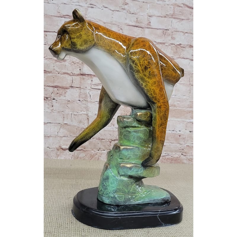 Bronze Metal Cougar Mountain Lion W/ Glazed Patina Finish Statue Sculpture Limited Edition 14 Inches X 10 Inches