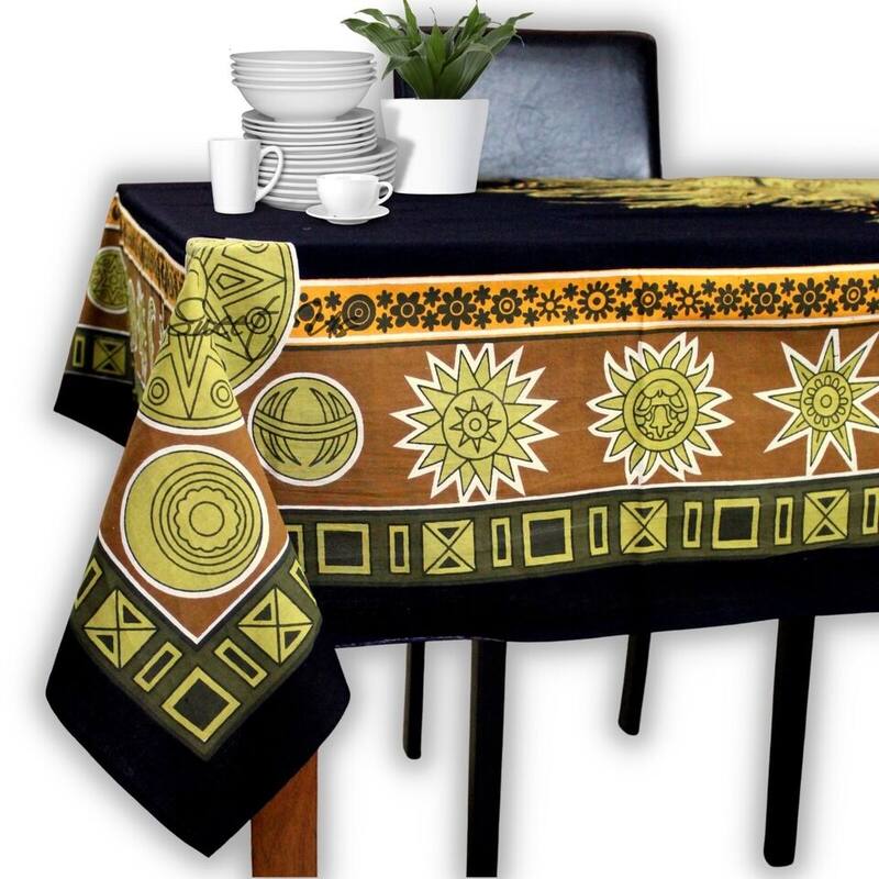 Sun Goddess Cotton Tablecloth Rectangle Midnight Gold Dining Linen - Yellow - 88 x 104 inches