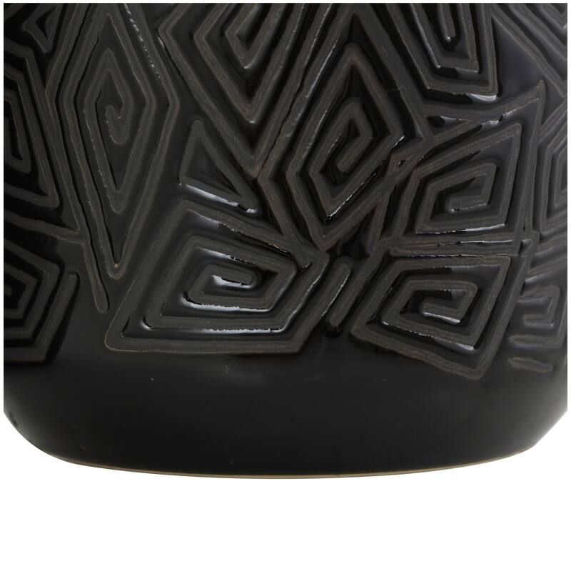 Black Ceramic Decorative Vase with Geometric Etchings (Set of 2)