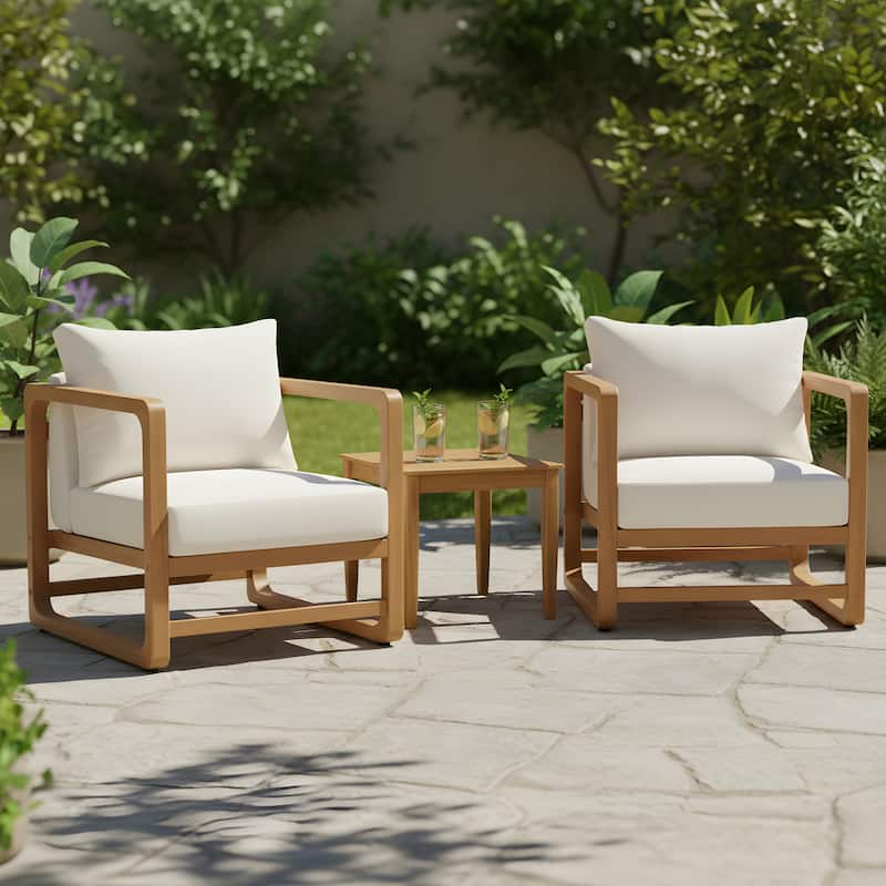 Christopher Knight Home - Modern Outdoor Acacia Wood Conversation Set with White Cushions and Side Table - Teak 4 Legs Table - 2 chair