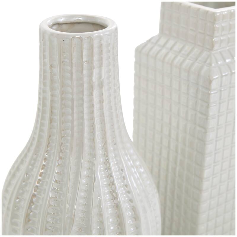 Gold, Cream or Silver Ceramic Dimensional Textured Geometric Vase with Varying Shapes and Grid Patterns (Set of 3)