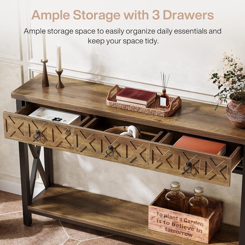 55" Farmhouse Narrow Console Table with 3 Drawers, Long Rustic Entryway Table with 2-Tier Storage Shelf