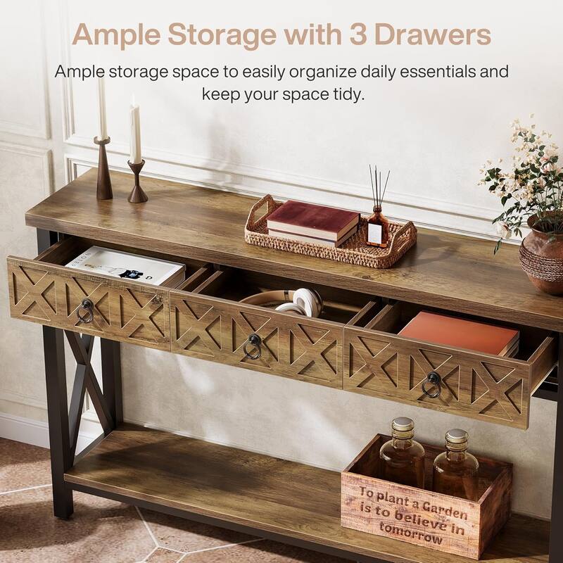 Farmhouse Narrow Console Table with 3 Drawers, 55" Long Rustic Entryway Table with 2-Tier Storage Shelf
