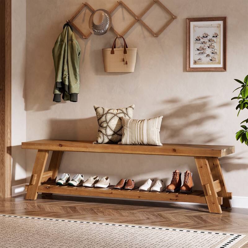 2 Tier Solid Wood Shoe Rack Bench for Entryway, 63 Inch Long Narrow Entryway Bench with Storage Shelf