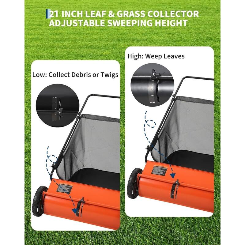 21-Inch Push Lawn Sweeper 35 cu. ft. Capacity Adjustable Height for Grass Leaves and Debris