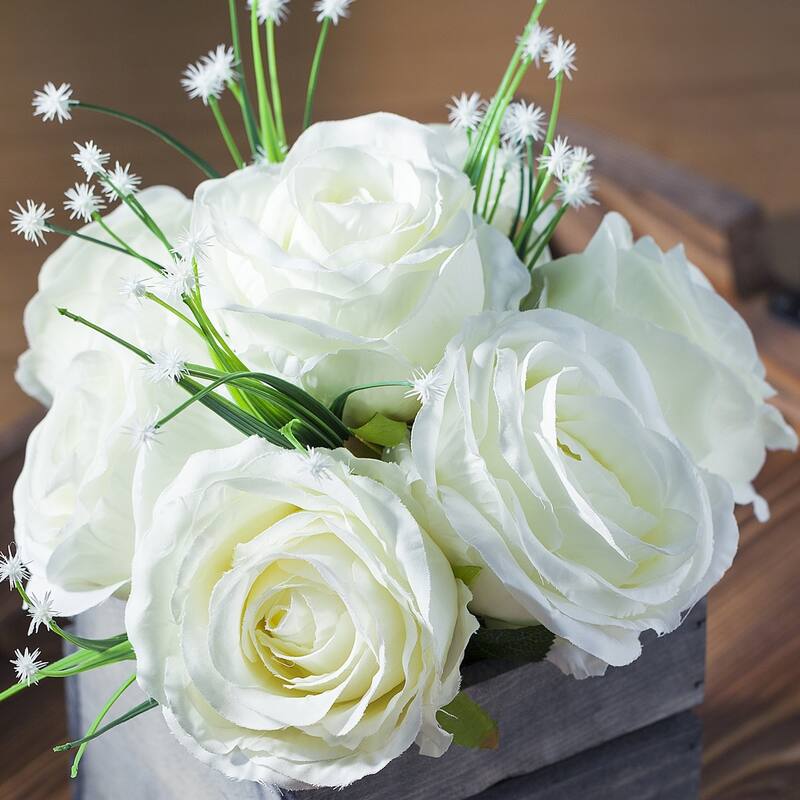 Enova Home Artificial Mixed Silk Roses Fake Flowers Arrangement with Wood Planter for Home Wedding Centerpiece