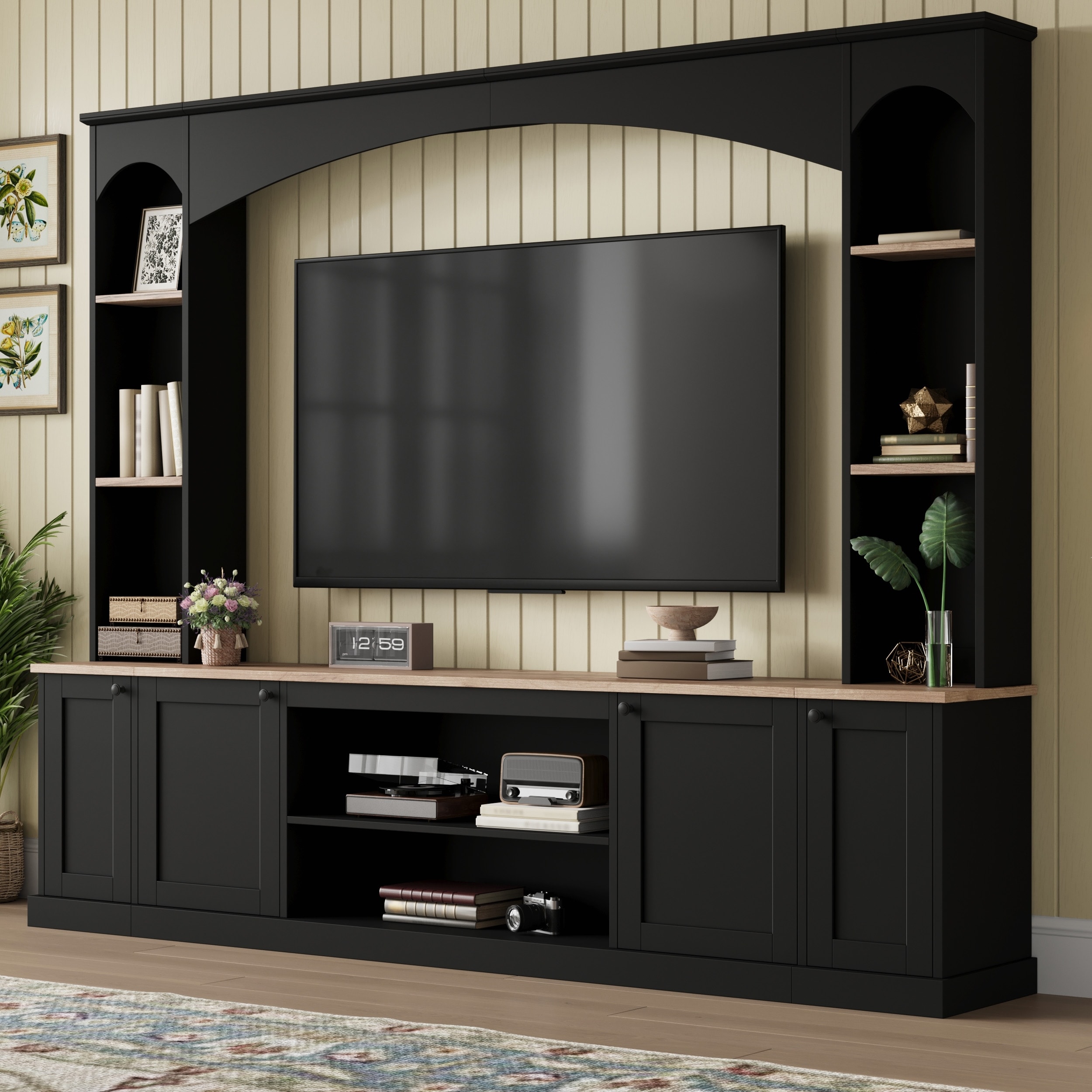 Arched Entertainment Center Wall Unit with Bookshelf, 91" Media Console for TVs Up to 70", Wood TV Stand with Adjustable Shelves